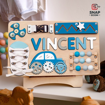 Personalized Busy Board with Letters – Customizable Montessori Sensory Toy BB29