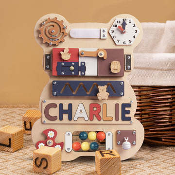 Personalized Bear Busy Board with Letters – Customizable Montessori Sensory Toy BB04